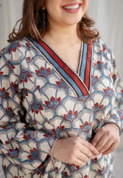 Sarah Off White Ajrakh Cotton A Line Kurta