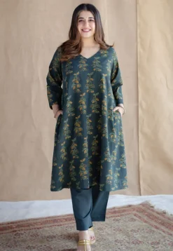 Sayali Green Ajrakh Cotton A Line Kurta with Hand Embroidery