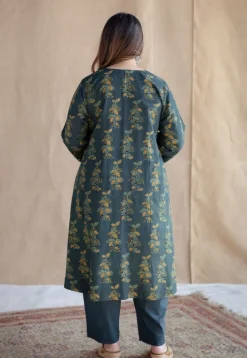 Sayali Green Ajrakh Cotton A Line Kurta with Hand Embroidery