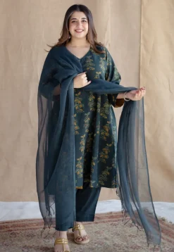 Sayali Green Ajrakh Cotton A Line Kurta with Hand Embroidery