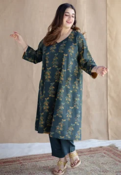 Sayali Green Ajrakh Cotton A Line Kurta with Hand Embroidery