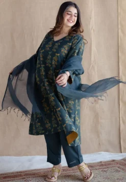 Sayali Green Ajrakh Cotton A Line Kurta with Hand Embroidery