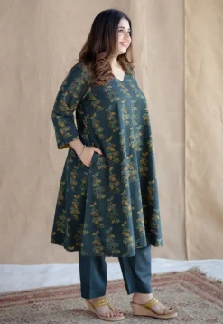 Sayali Green Ajrakh Cotton A Line Kurta with Hand Embroidery