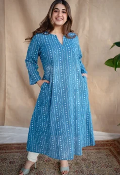 Shaili Indigo Dabu Slub Cotton A Line Kurta with Embroidery