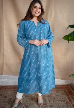 Shaili Indigo Dabu Slub Cotton A Line Kurta with Embroidery