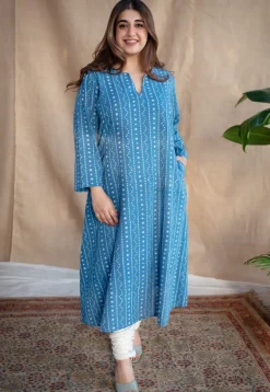 Shaili Indigo Dabu Slub Cotton A Line Kurta with Embroidery