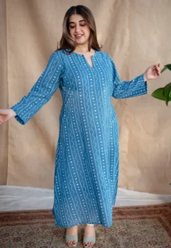 Shaili Indigo Dabu Slub Cotton A Line Kurta with Embroidery