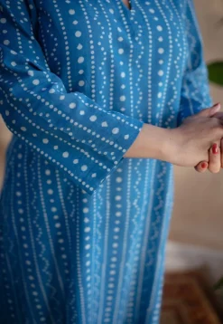 Shaili Indigo Dabu Slub Cotton A Line Kurta with Embroidery