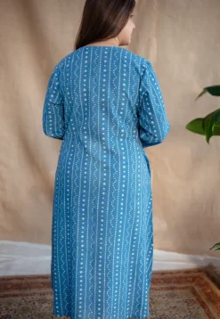 Shaili Indigo Dabu Slub Cotton A Line Kurta with Embroidery