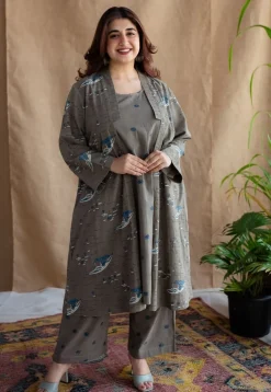 Shikara Grey Ajrakh Cotton A Line Jacket with Hand Embroidery