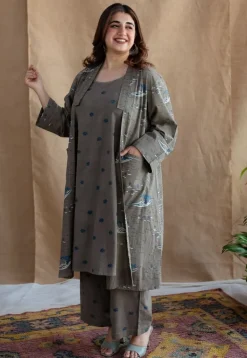 Shikara Grey Ajrakh Cotton A Line Jacket with Hand Embroidery