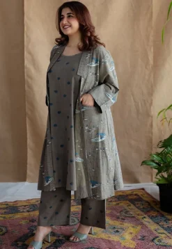 Shikara Grey Ajrakh Cotton A Line Jacket with Hand Embroidery