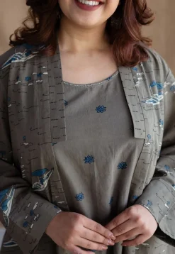 Shikara Grey Ajrakh Cotton A Line Jacket with Hand Embroidery