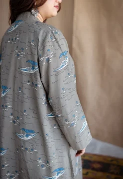 Shikara Grey Ajrakh Cotton A Line Jacket with Hand Embroidery