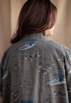 Shikara Grey Ajrakh Cotton A Line Jacket with Hand Embroidery