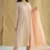 Shinat Peach Hand Block Print Slub Cotton Kali Kurta with Hand Embroidery