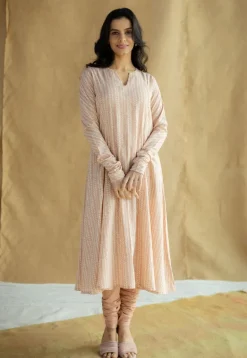Shinat Peach Hand Block Print Slub Cotton Kali Kurta with Hand Embroidery