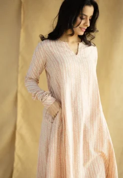 Shinat Peach Hand Block Print Slub Cotton Kali Kurta with Hand Embroidery
