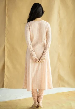 Shinat Peach Hand Block Print Slub Cotton Kali Kurta with Hand Embroidery
