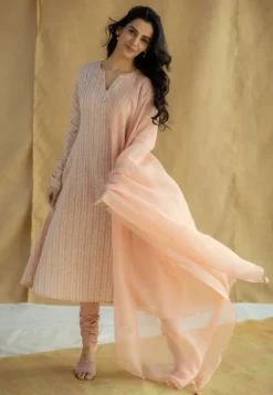 Shinat Peach Hand Block Print Slub Cotton Kali Kurta with Hand Embroidery