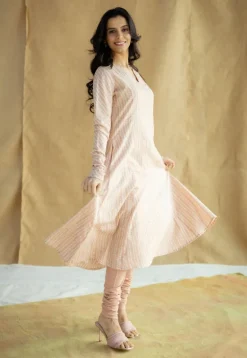 Shinat Peach Hand Block Print Slub Cotton Kali Kurta with Hand Embroidery