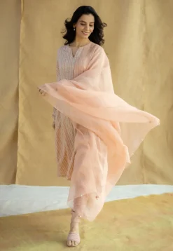 Shinat Peach Hand Block Print Slub Cotton Kali Kurta with Hand Embroidery