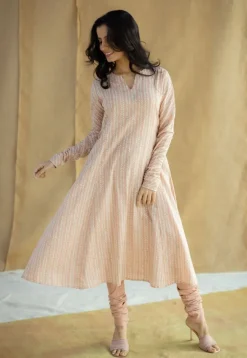 Shinat Peach Hand Block Print Slub Cotton Kali Kurta with Hand Embroidery