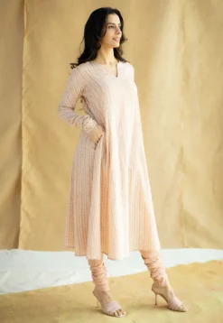 Shinat Peach Hand Block Print Slub Cotton Kali Kurta with Hand Embroidery