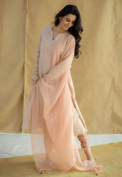 Shinat Peach Hand Block Print Slub Cotton Kali Kurta with Hand Embroidery