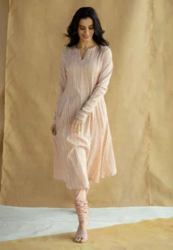 Shinat Peach Hand Block Print Slub Cotton Kali Kurta with Hand Embroidery