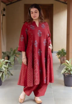 Sonia Madder Ajrakh Chanderi Silk Kali Kurta with Hand Embroidery