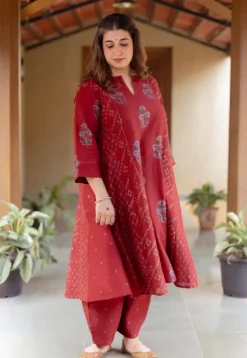 Sonia Madder Ajrakh Chanderi Silk Kali Kurta with Hand Embroidery