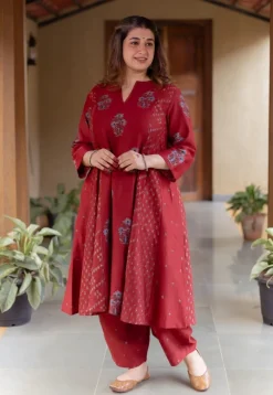 Sonia Madder Ajrakh Chanderi Silk Kali Kurta with Hand Embroidery