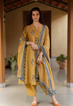 Sonia Mustard Ajrakh Chanderi Silk Kali Kurta with Hand Embroidery
