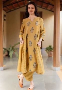 Sonia Mustard Ajrakh Chanderi Silk Kali Kurta with Hand Embroidery