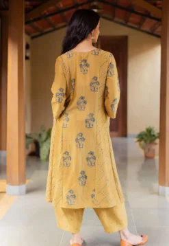 Sonia Mustard Ajrakh Chanderi Silk Kali Kurta with Hand Embroidery