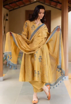 Sonia Mustard Ajrakh Chanderi Silk Kali Kurta with Hand Embroidery