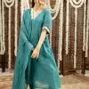 Srisha Peacock Green A Line Chanderi Silk Gota Patti Kurta Set (Set of 3)