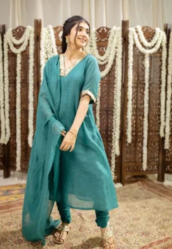 Srisha Peacock Green A Line Chanderi Silk Gota Patti Kurta Set (Set of 3)