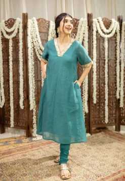 Srisha Peacock Green A Line Chanderi Silk Gota Patti Kurta Set (Set of 3)