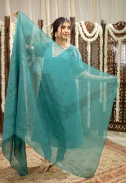 Srisha Peacock Green A Line Chanderi Silk Gota Patti Kurta Set (Set of 3)