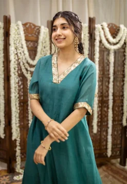 Srisha Peacock Green A Line Chanderi Silk Gota Patti Kurta Set (Set of 3)
