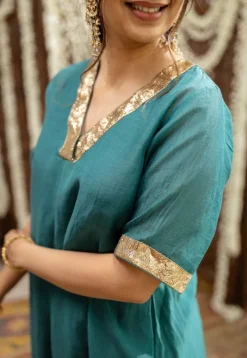 Srisha Peacock Green A Line Chanderi Silk Gota Patti Kurta Set (Set of 3)