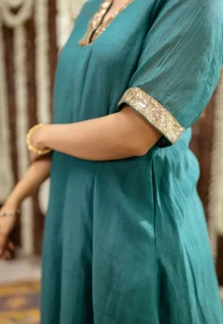 Srisha Peacock Green A Line Chanderi Silk Gota Patti Kurta Set (Set of 3)
