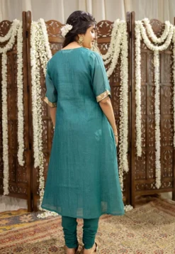Srisha Peacock Green A Line Chanderi Silk Gota Patti Kurta Set (Set of 3)