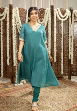 Srisha Peacock Green A Line Chanderi Silk Gota Patti Kurta Set (Set of 3)