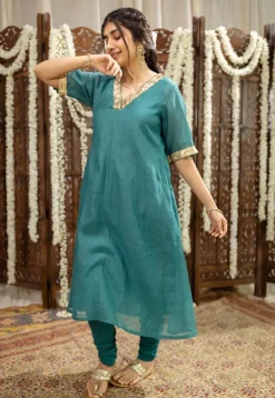Srisha Peacock Green A Line Chanderi Silk Gota Patti Kurta Set (Set of 3)