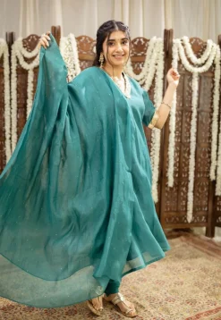 Srisha Peacock Green A Line Chanderi Silk Gota Patti Kurta Set (Set of 3)