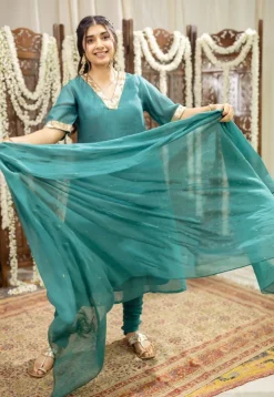 Srisha Peacock Green A Line Chanderi Silk Gota Patti Kurta Set (Set of 3)