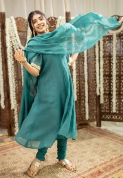 Srisha Peacock Green A Line Chanderi Silk Gota Patti Kurta Set (Set of 3)